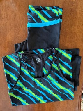 Champion Black Leggings with Teal and Lime Stripes and matching top